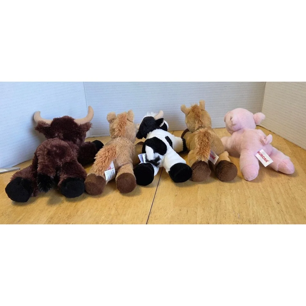 Aurora Lot 5 Mini Flopsie Farm Plush Stuffed Animals Longhorn Two Horse Cow Pig